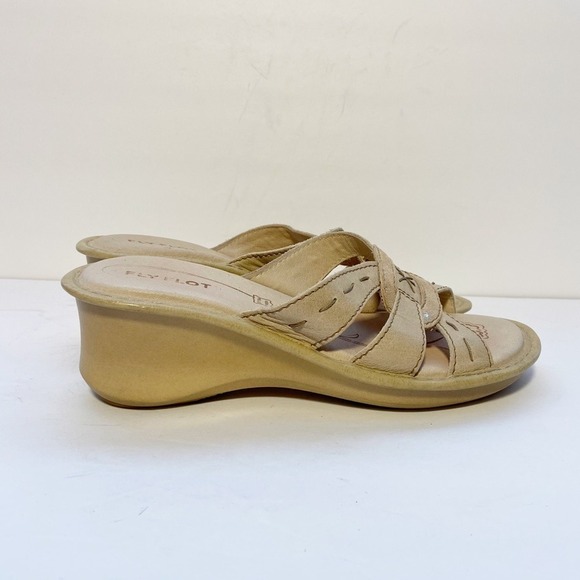 Fly Flot Shoes - Fly Flot Wedge Sandals Womens 37 Beige Leather Metallic Whipstitch Mule Slip-on